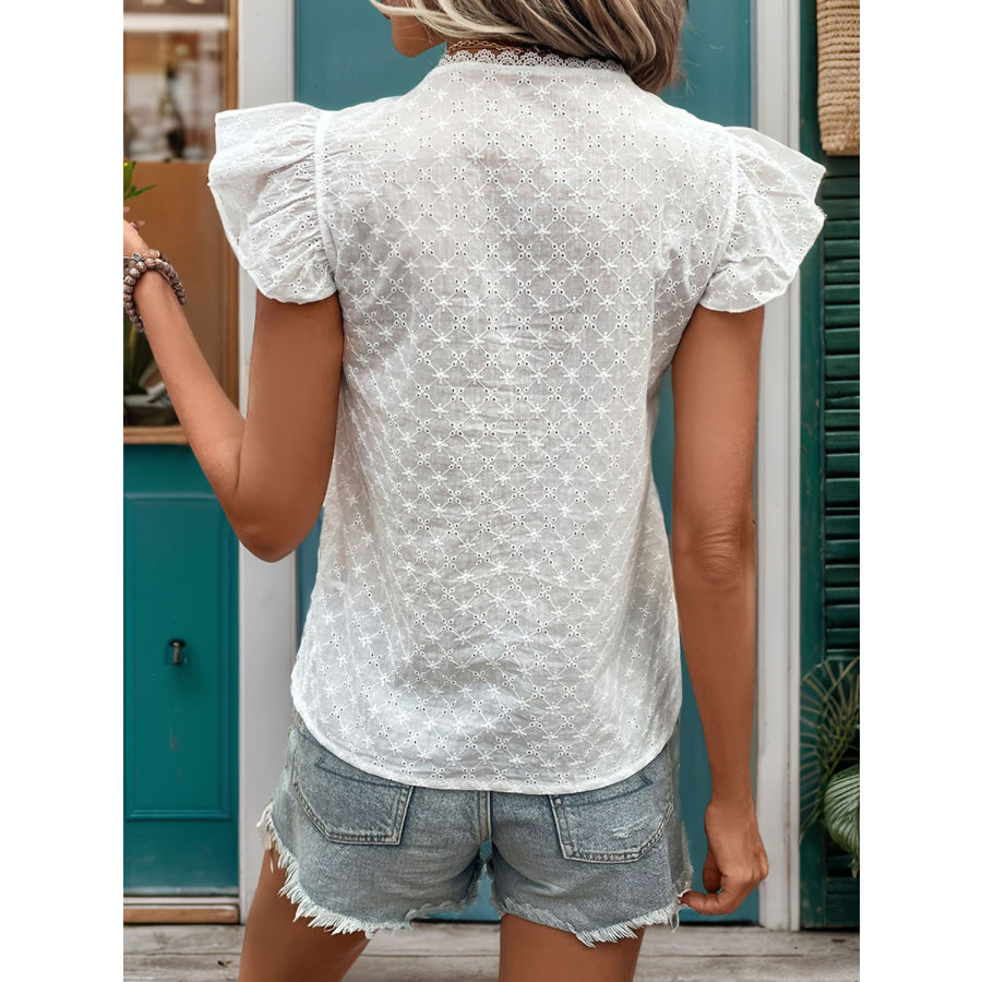 Lace Detail Eyelet Ruffle Cap Sleeve Blouse Apparel and Accessories