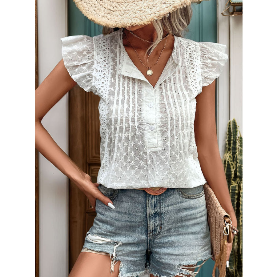 Lace Detail Eyelet Ruffle Cap Sleeve Blouse Apparel and Accessories