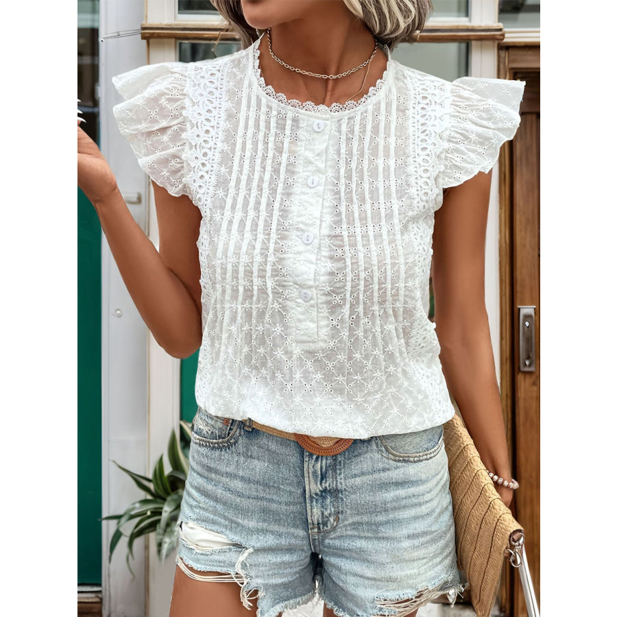 Lace Detail Eyelet Ruffle Cap Sleeve Blouse Apparel and Accessories