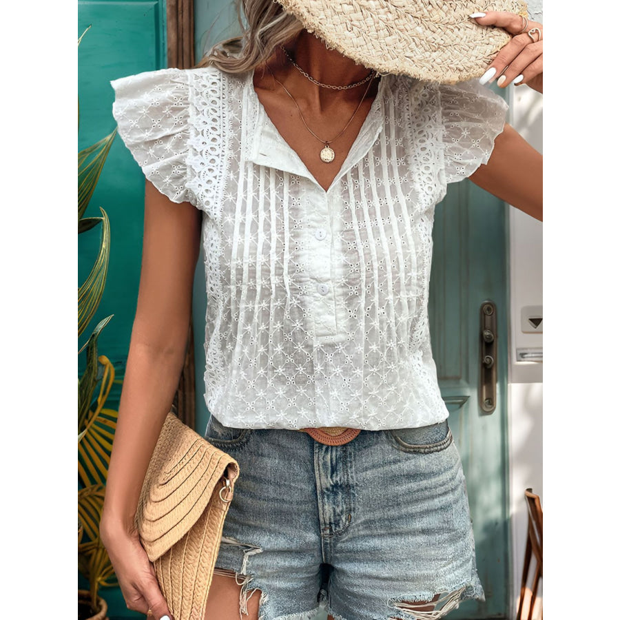 Lace Detail Eyelet Ruffle Cap Sleeve Blouse White / S Apparel and Accessories