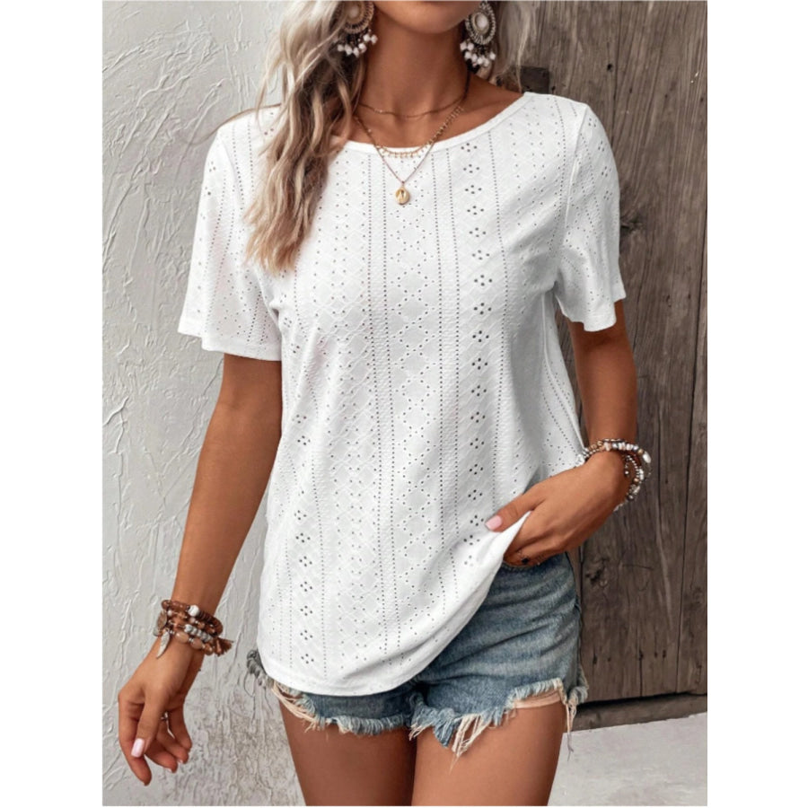 Lace Detail Eyelet Short Sleeve Blouse Apparel and Accessories