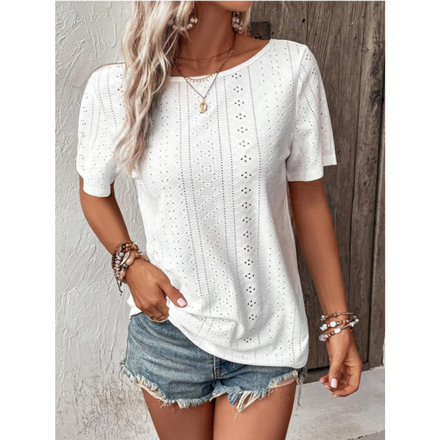 Lace Detail Eyelet Short Sleeve Blouse Apparel and Accessories