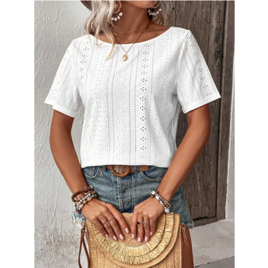 Lace Detail Eyelet Short Sleeve Blouse Apparel and Accessories