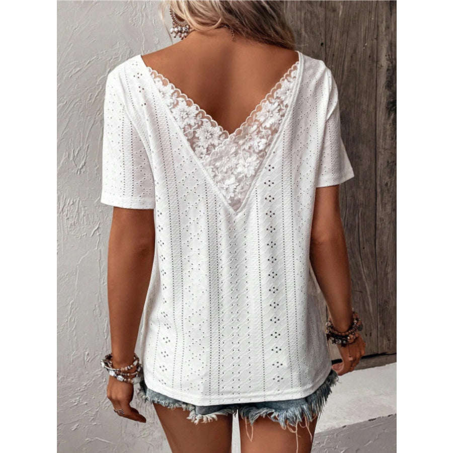 Lace Detail Eyelet Short Sleeve Blouse White / S Apparel and Accessories