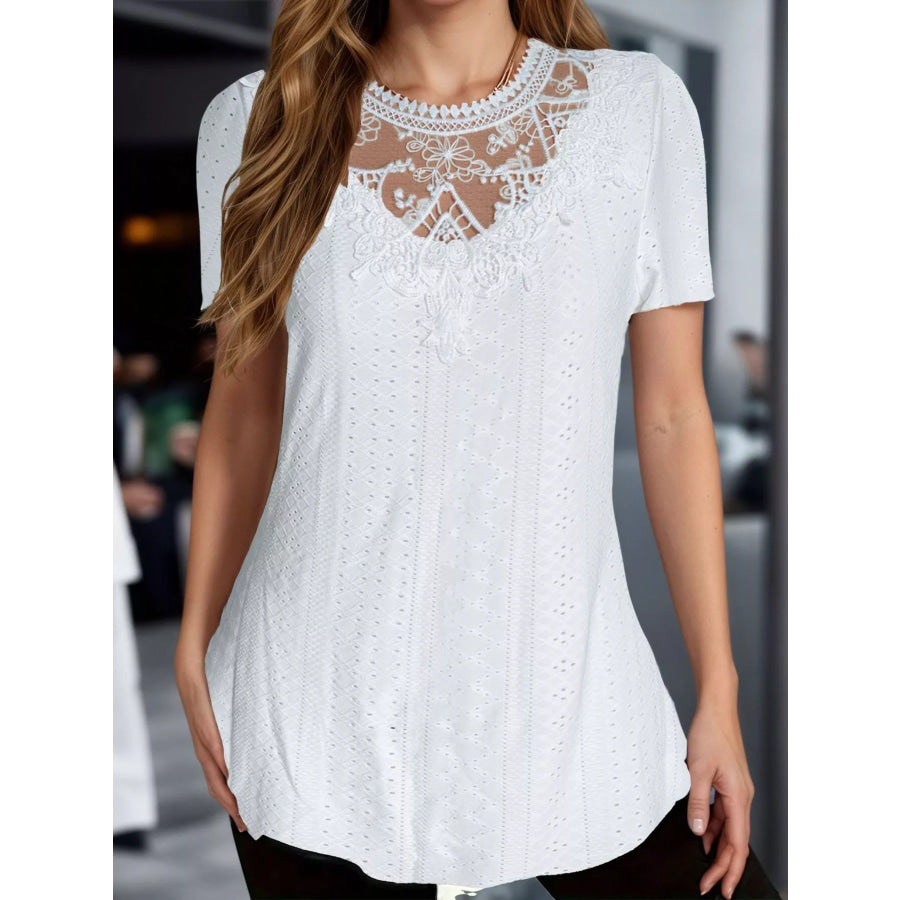 Lace Detail Eyelet Short Sleeve Top Apparel and Accessories