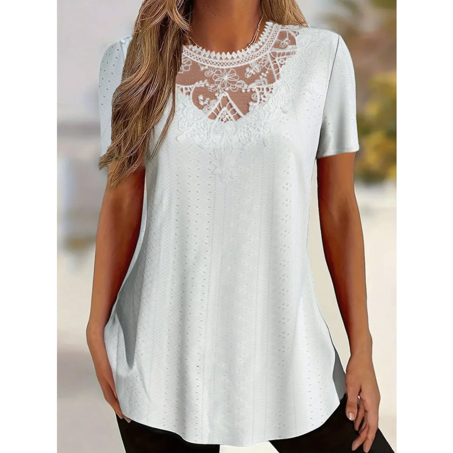 Lace Detail Eyelet Short Sleeve Top Apparel and Accessories