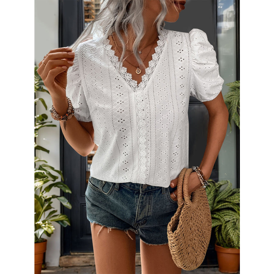 Lace Detail Eyelet V-Neck Short Sleeve Blouse Apparel and Accessories