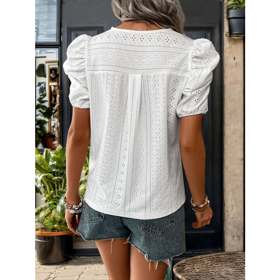 Lace Detail Eyelet V-Neck Short Sleeve Blouse Apparel and Accessories