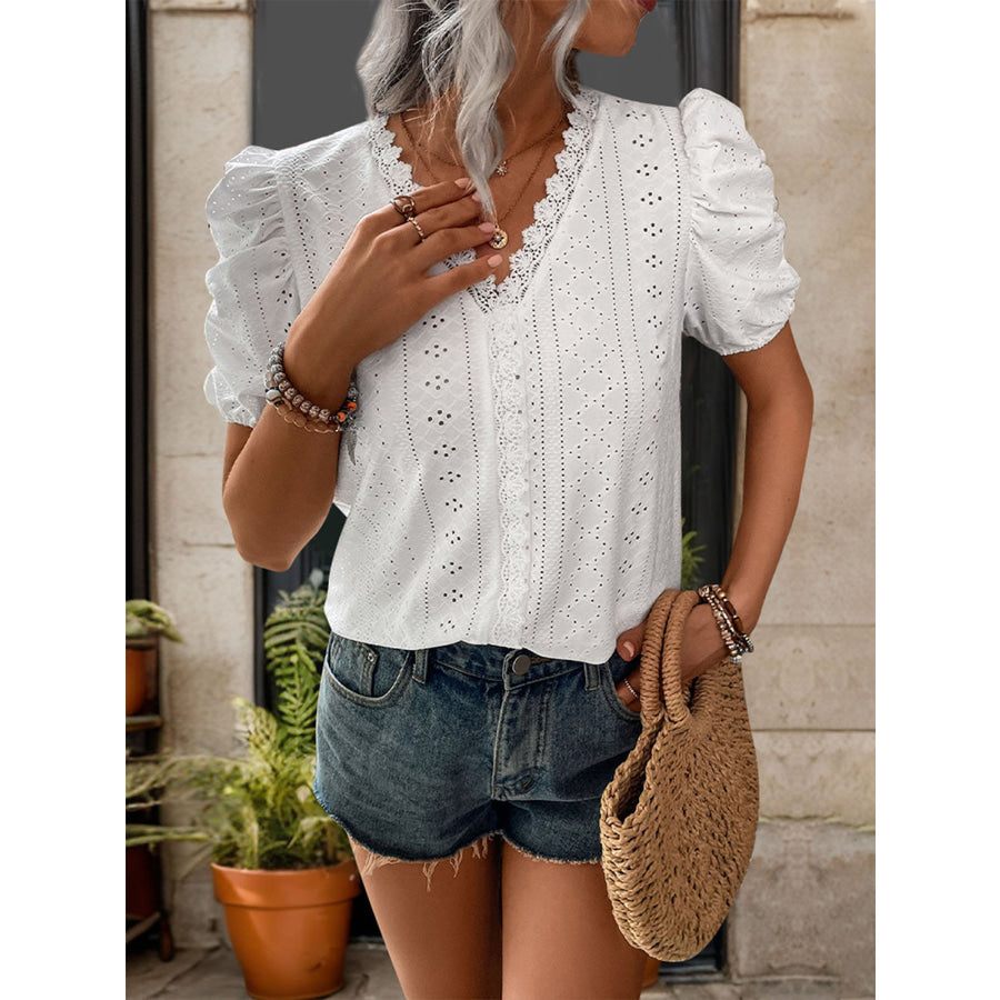 Lace Detail Eyelet V-Neck Short Sleeve Blouse Apparel and Accessories