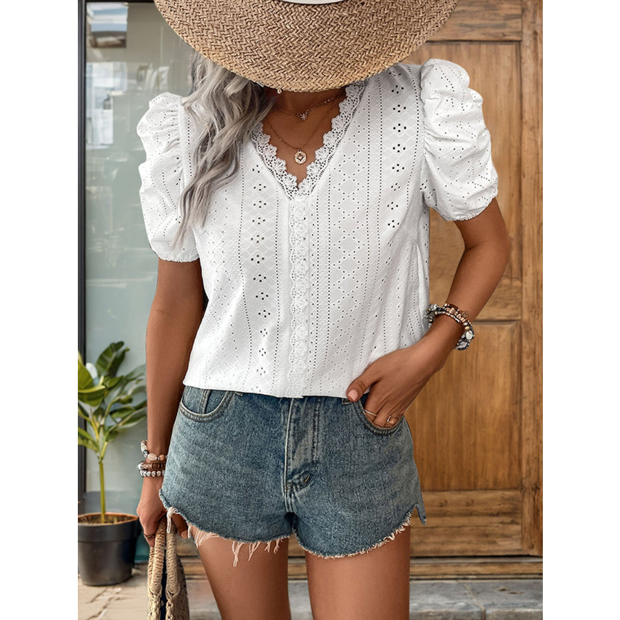 Lace Detail Eyelet V-Neck Short Sleeve Blouse Apparel and Accessories