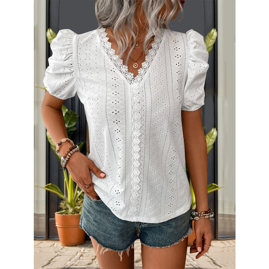 Lace Detail Eyelet V-Neck Short Sleeve Blouse White / S Apparel and Accessories