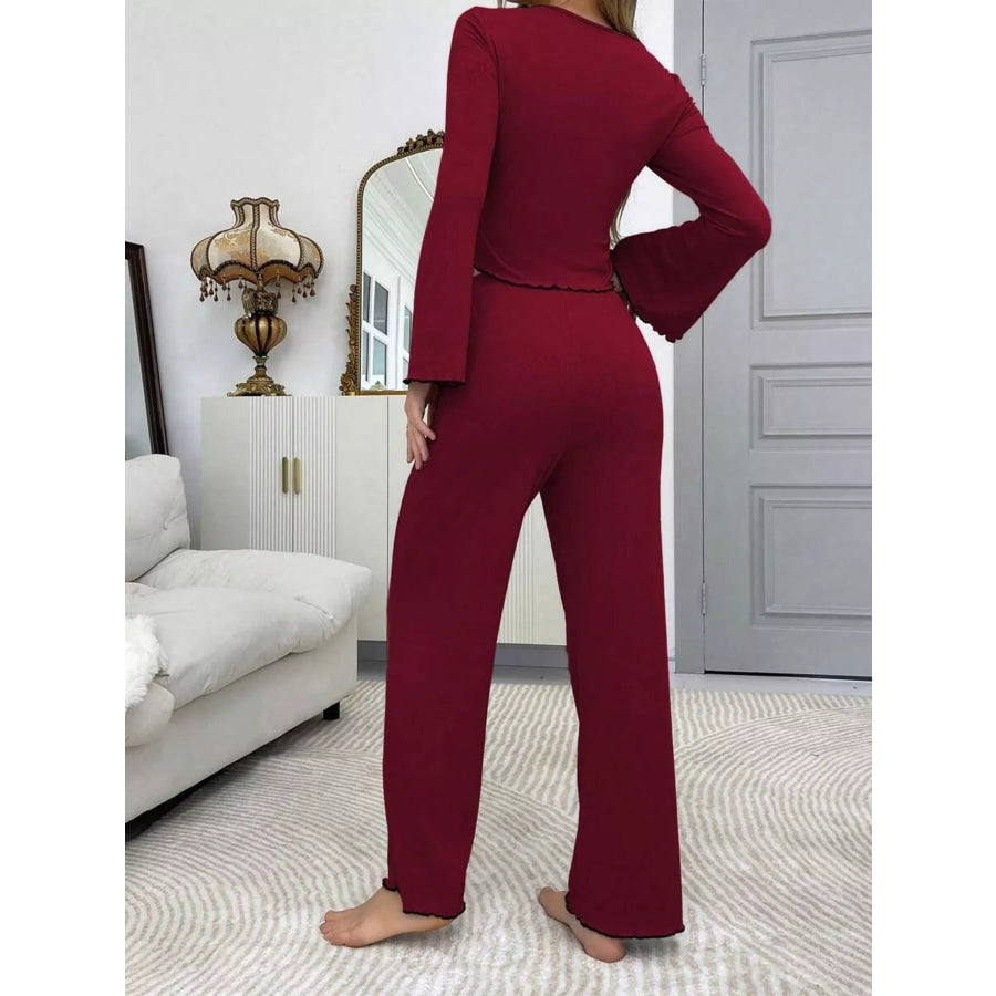 Lace Detail Flare Sleeves Top and Pants Lounge Set Apparel Accessories