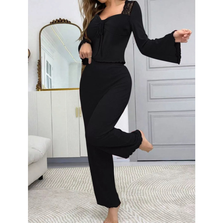 Lace Detail Flare Sleeves Top and Pants Lounge Set Apparel Accessories