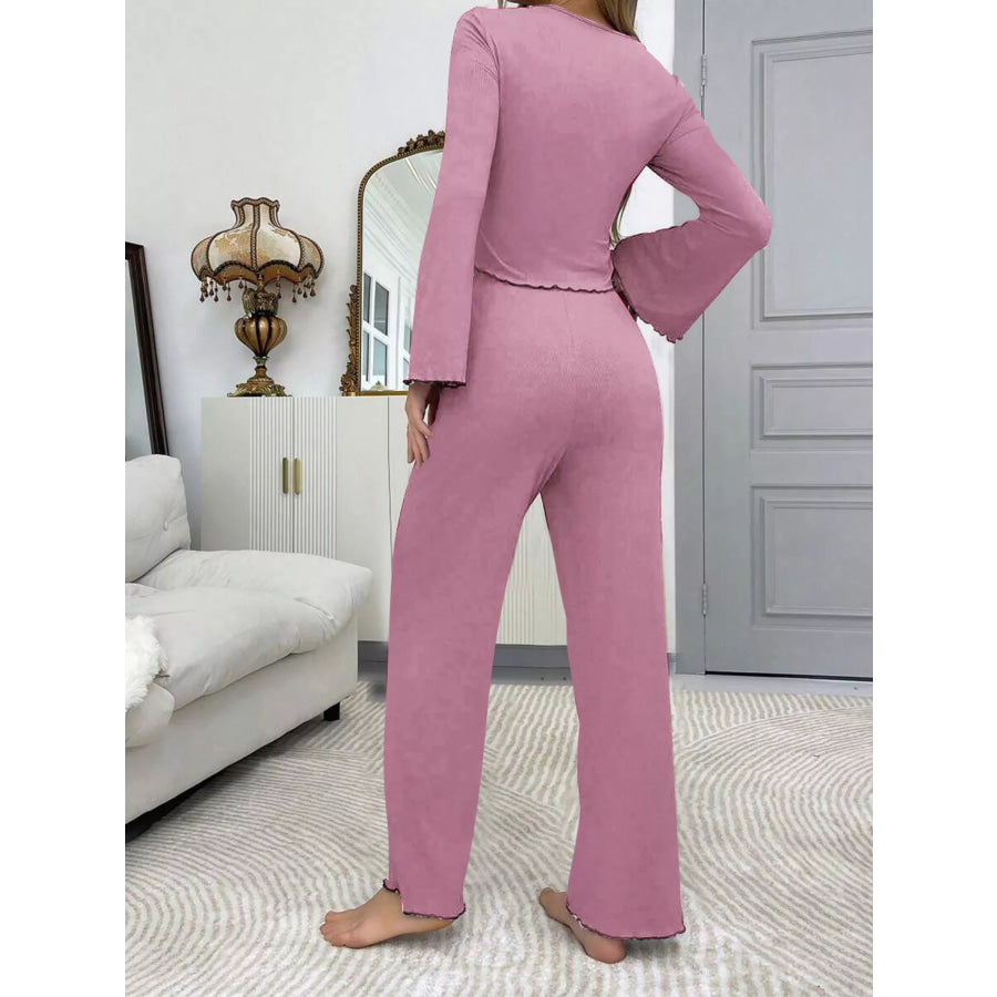 Lace Detail Flare Sleeves Top and Pants Lounge Set Apparel Accessories