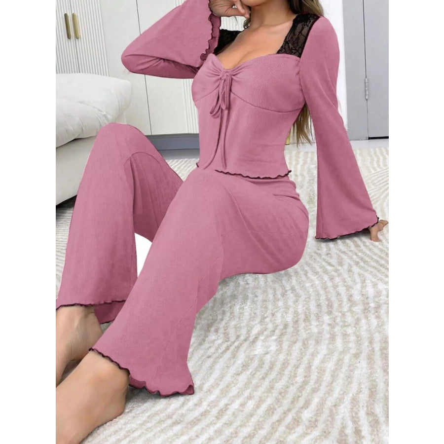 Lace Detail Flare Sleeves Top and Pants Lounge Set Apparel Accessories