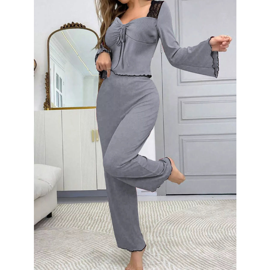 Lace Detail Flare Sleeves Top and Pants Lounge Set Apparel Accessories