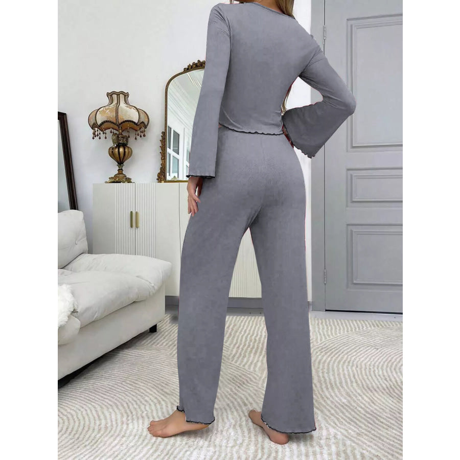 Lace Detail Flare Sleeves Top and Pants Lounge Set Apparel Accessories