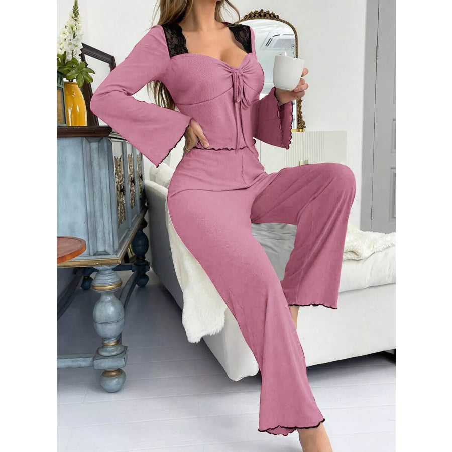 Lace Detail Flare Sleeves Top and Pants Lounge Set Pink / S Apparel Accessories