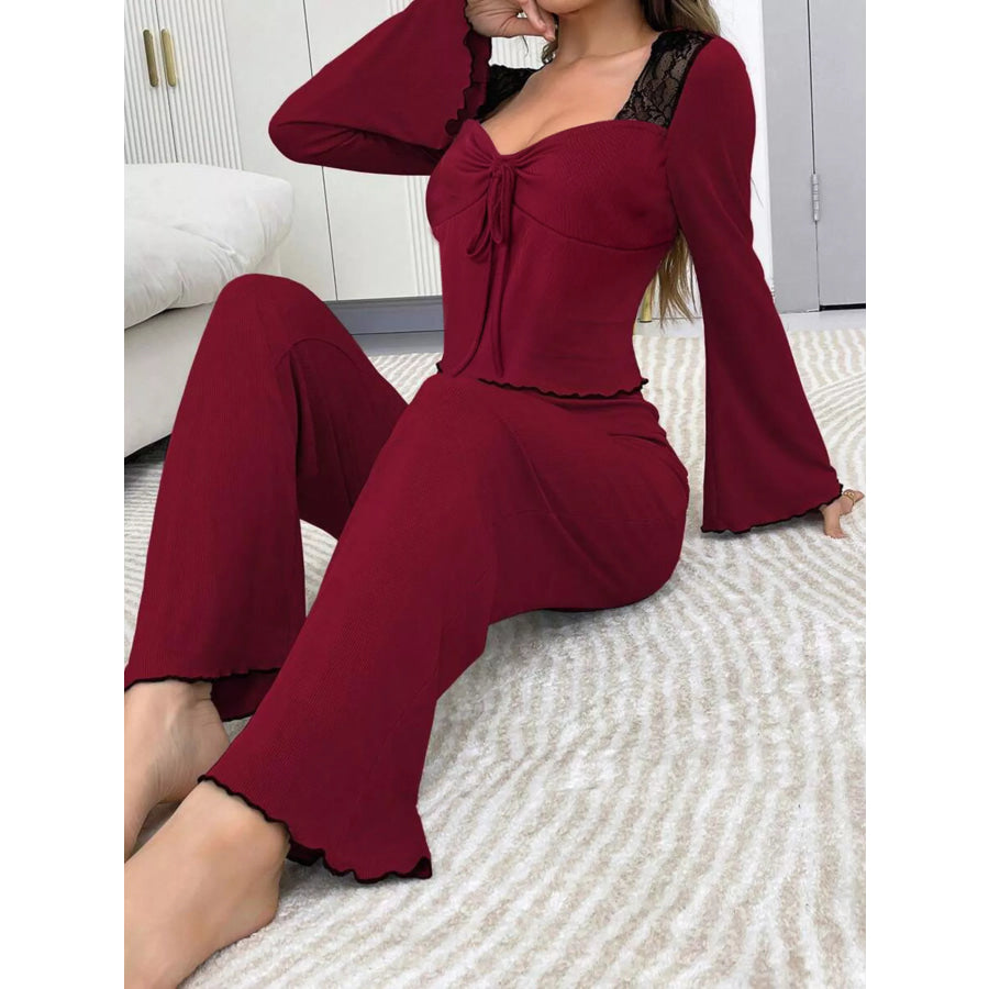Lace Detail Flare Sleeves Top and Pants Lounge Set Red / S Apparel Accessories