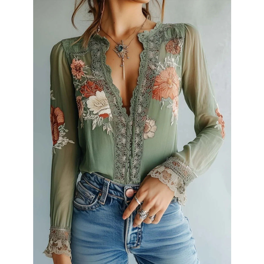 Lace Detail Floral Blouse Green / S Apparel and Accessories