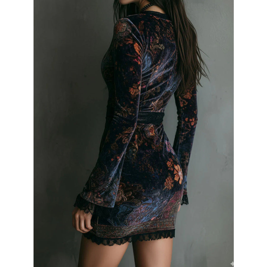 Lace Detail Floral Velvet Mini Dress Apparel and Accessories