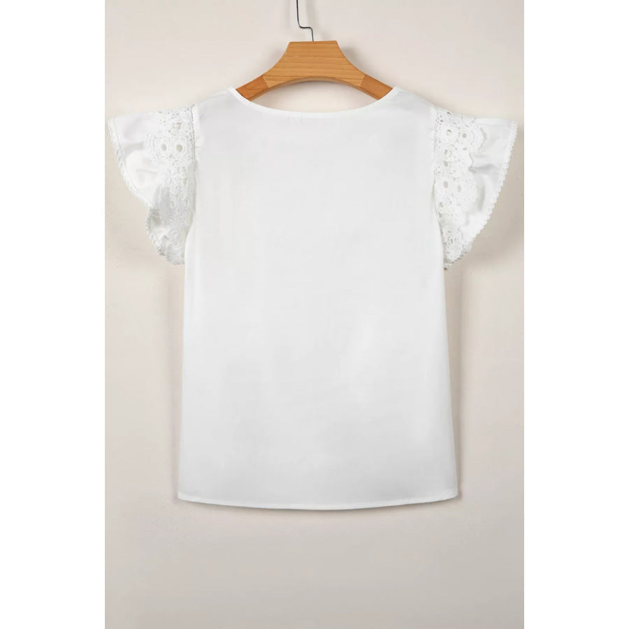 Lace Detail Flutter Sleeve Pleated Round Neck Blouse Apparel and Accessories