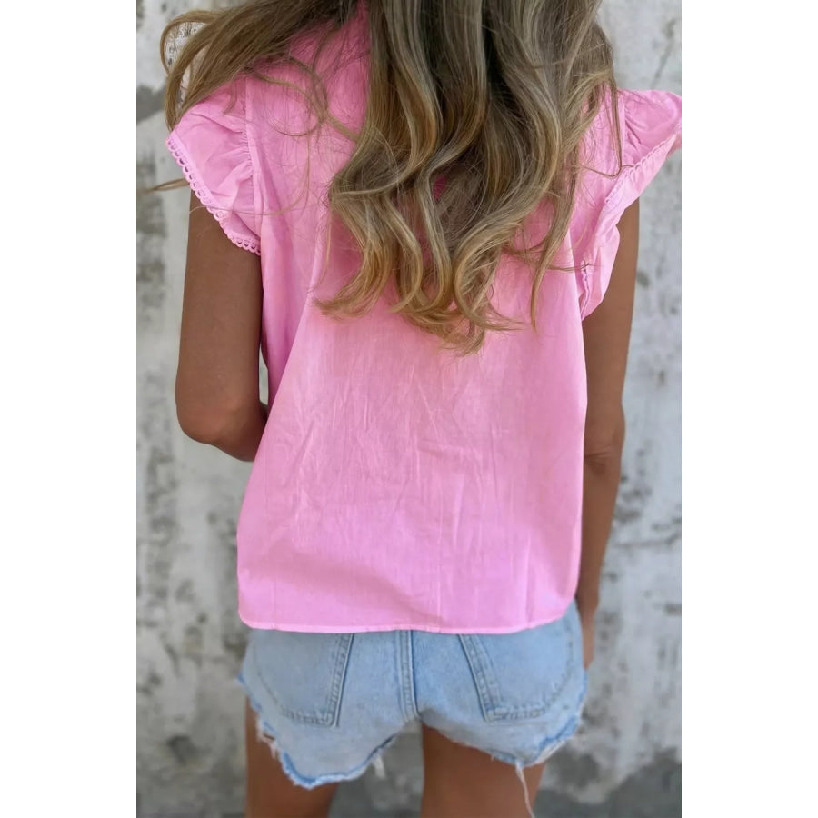 Lace Detail Flutter Sleeve Pleated Round Neck Blouse Apparel and Accessories