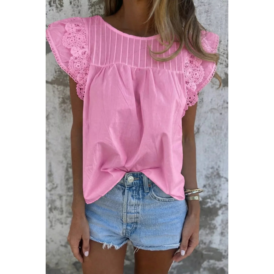 Lace Detail Flutter Sleeve Pleated Round Neck Blouse Apparel and Accessories