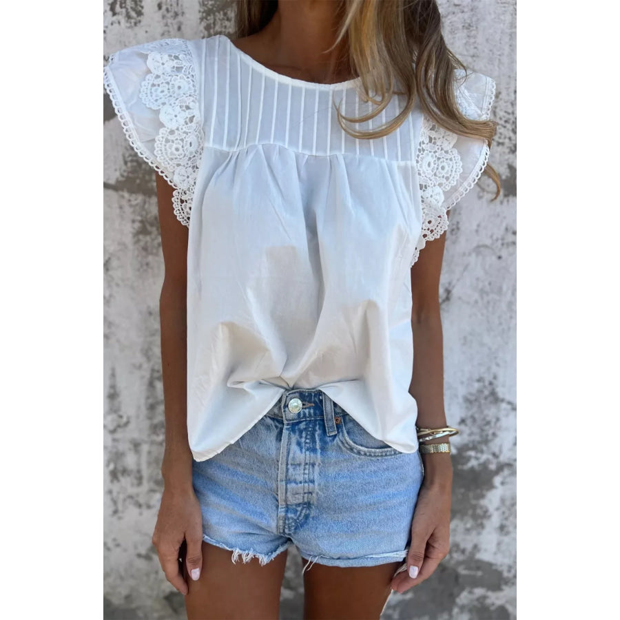 Lace Detail Flutter Sleeve Pleated Round Neck Blouse Apparel and Accessories