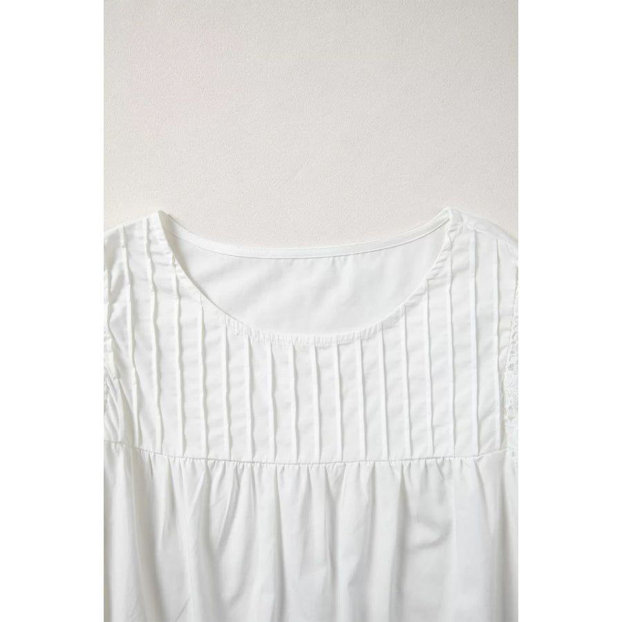 Lace Detail Flutter Sleeve Pleated Round Neck Blouse Apparel and Accessories