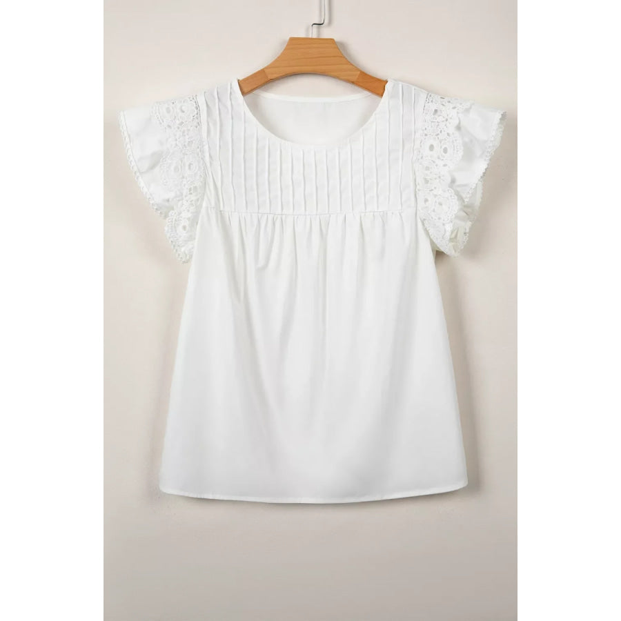 Lace Detail Flutter Sleeve Pleated Round Neck Blouse Apparel and Accessories