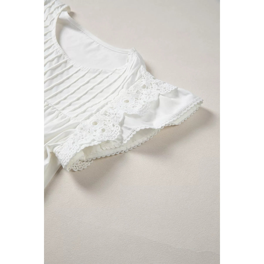 Lace Detail Flutter Sleeve Pleated Round Neck Blouse Apparel and Accessories