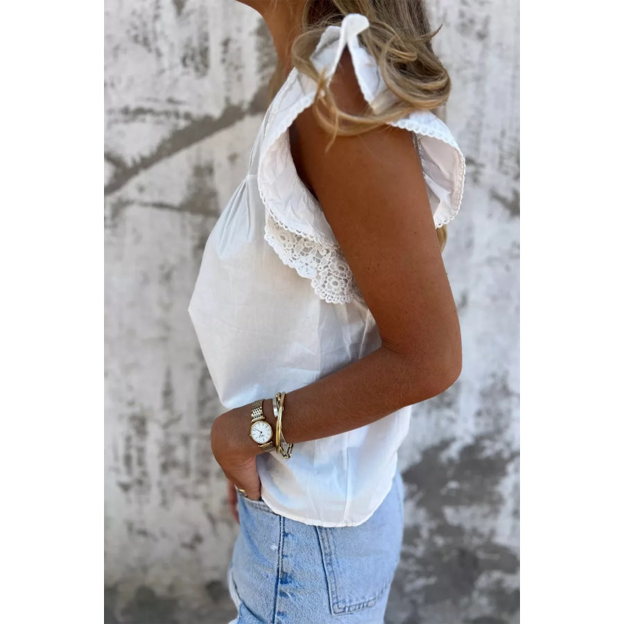 Lace Detail Flutter Sleeve Pleated Round Neck Blouse Apparel and Accessories