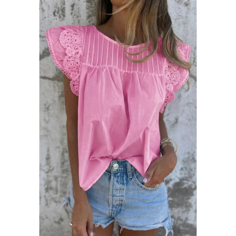 Lace Detail Flutter Sleeve Pleated Round Neck Blouse Pink / S Apparel and Accessories