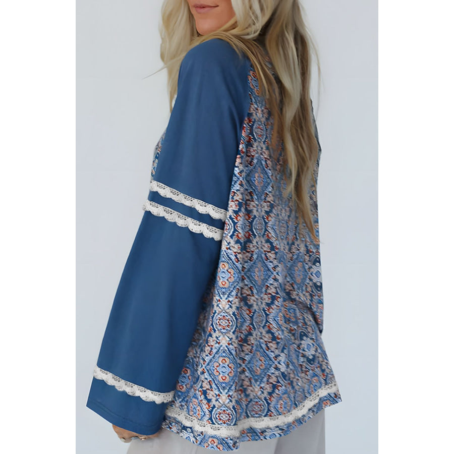 Lace Detail Geometric Round Neck Long Sleeve Top Apparel and Accessories