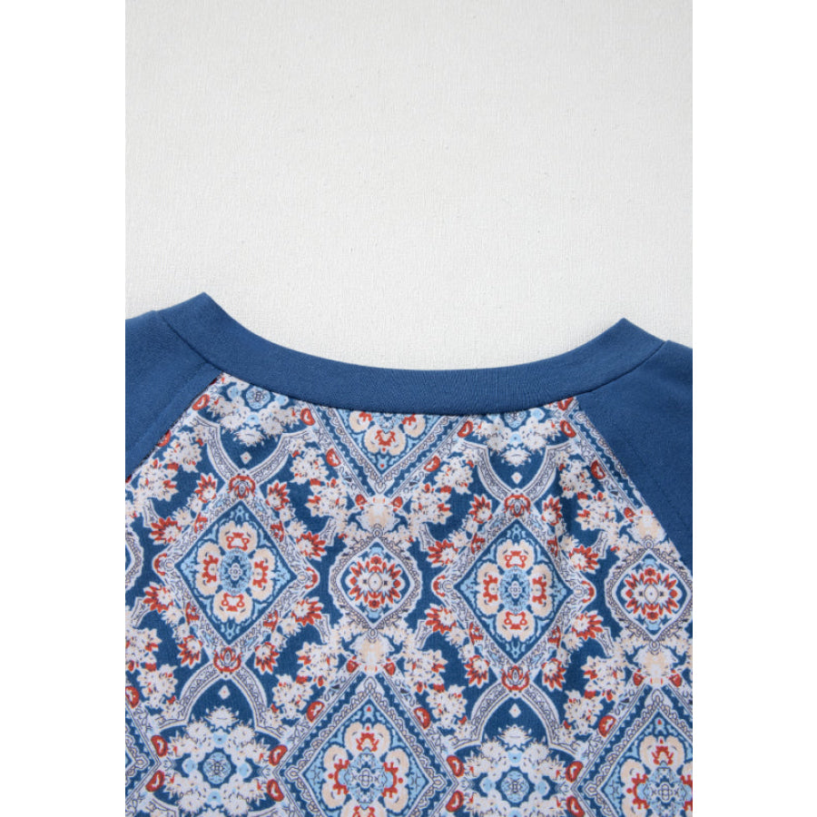 Lace Detail Geometric Round Neck Long Sleeve Top Apparel and Accessories