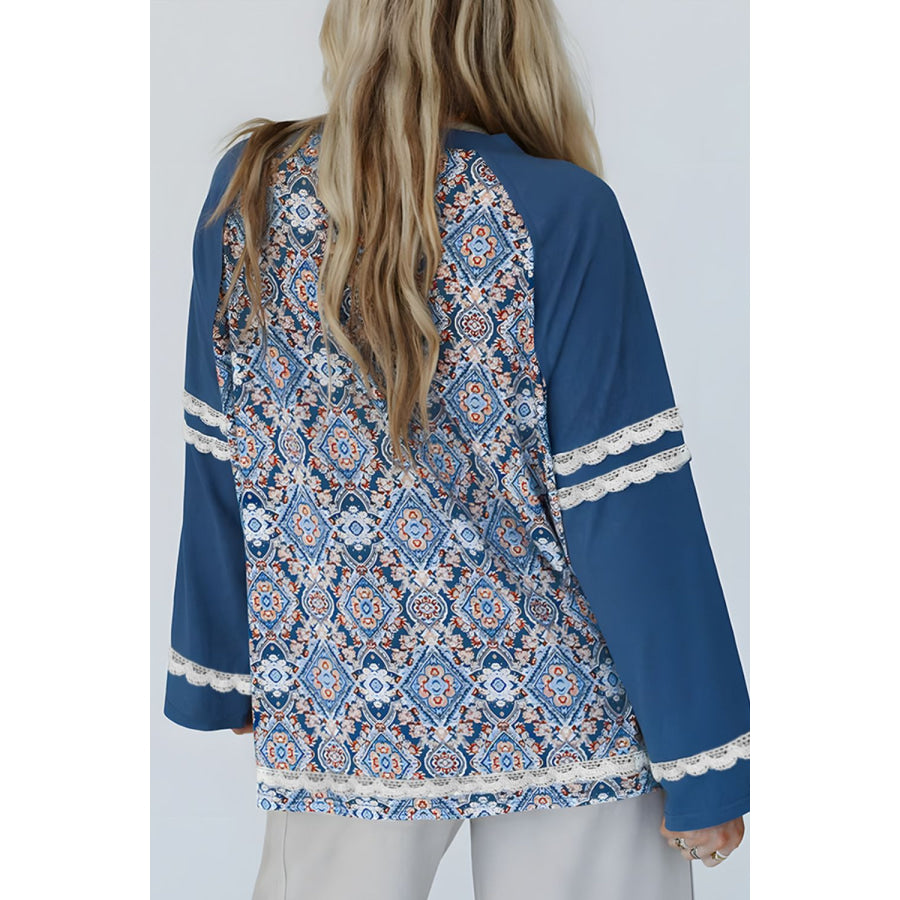 Lace Detail Geometric Round Neck Long Sleeve Top Apparel and Accessories