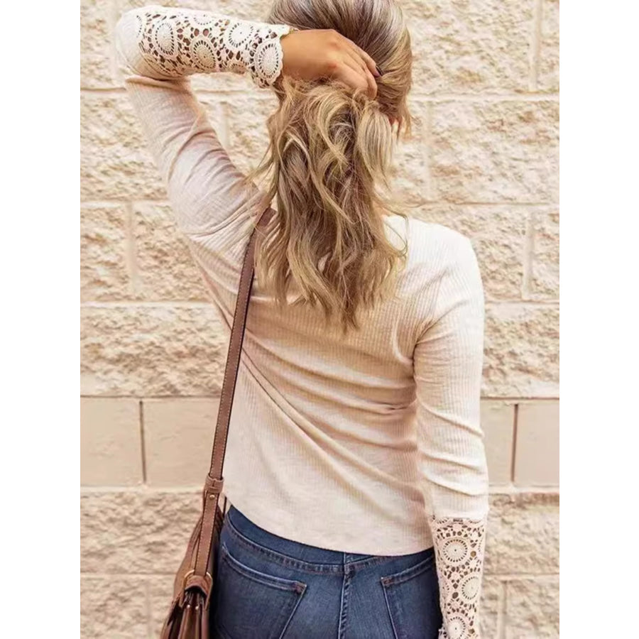 Lace Detail Half Button Round Neck Long Sleeve T-Shirt Apparel and Accessories