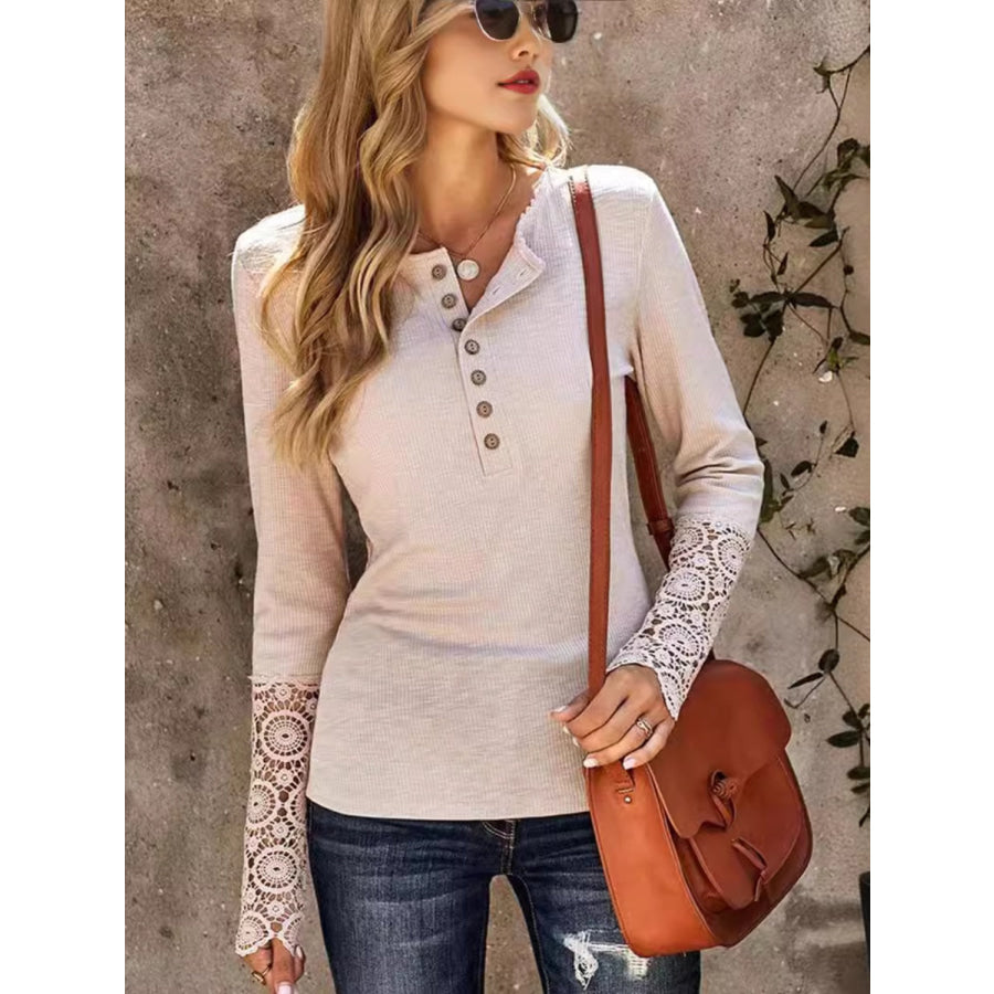 Lace Detail Half Button Round Neck Long Sleeve T-Shirt Apparel and Accessories