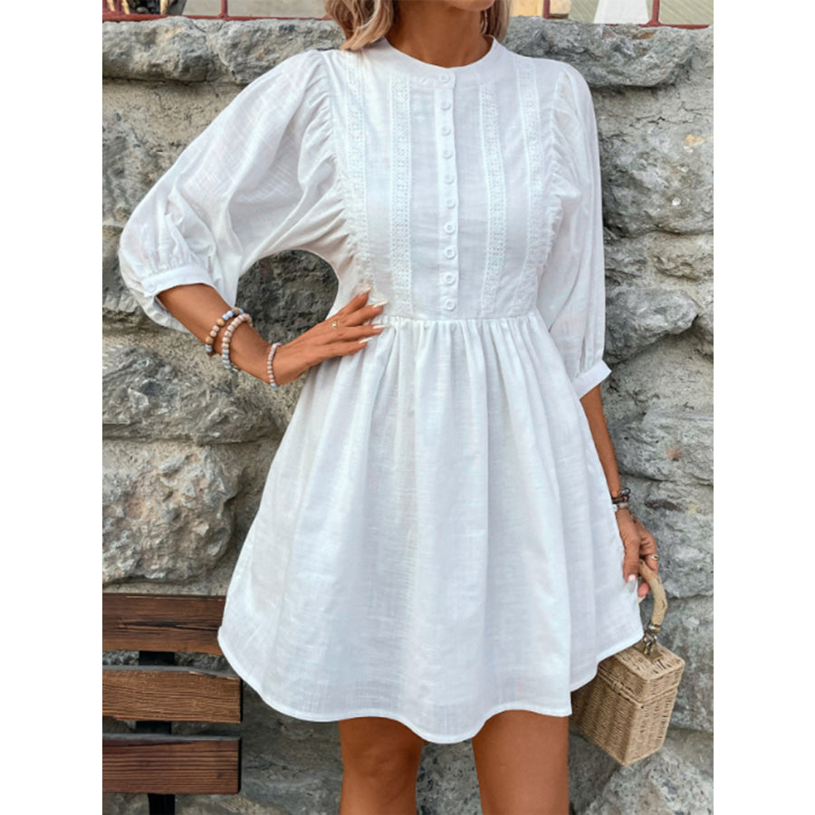 Lace Detail Half Button Three - Quarter Sleeve Dress Apparel and Accessories