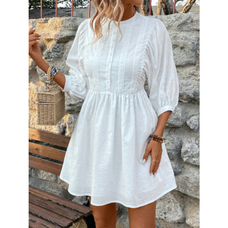 Lace Detail Half Button Three - Quarter Sleeve Dress Apparel and Accessories