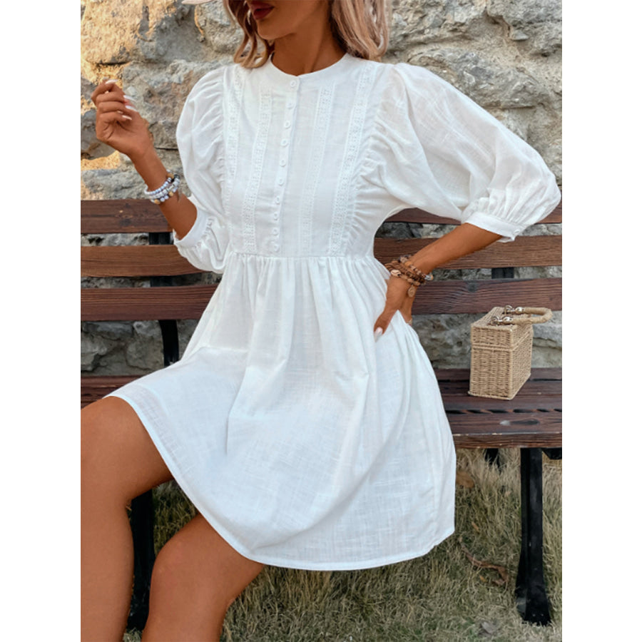 Lace Detail Half Button Three - Quarter Sleeve Dress Apparel and Accessories