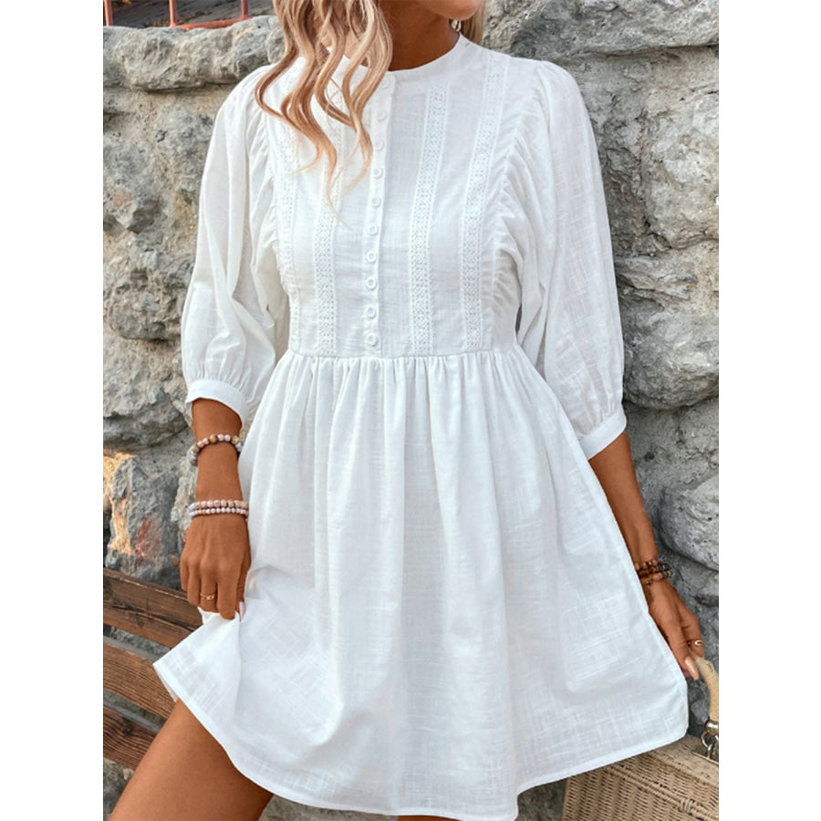 Lace Detail Half Button Three - Quarter Sleeve Dress White / S Apparel and Accessories