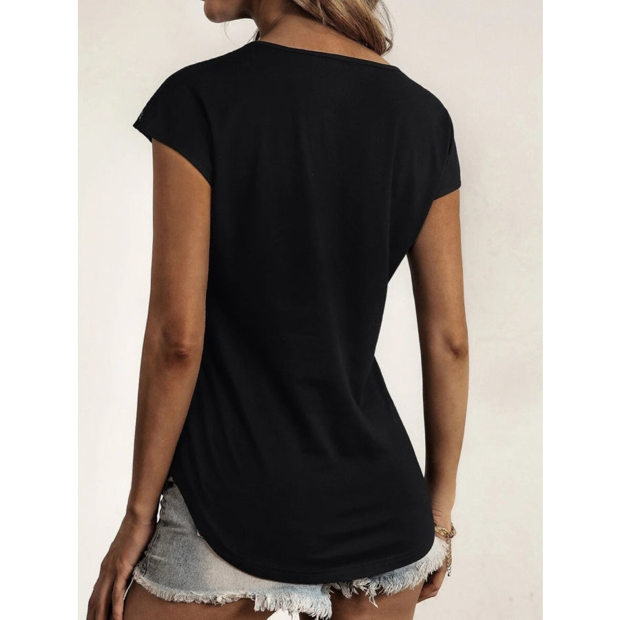 Lace Detail Half Zip Cap Sleeve T-Shirt Apparel and Accessories