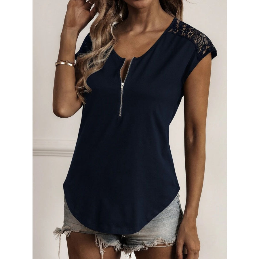 Lace Detail Half Zip Cap Sleeve T-Shirt Apparel and Accessories
