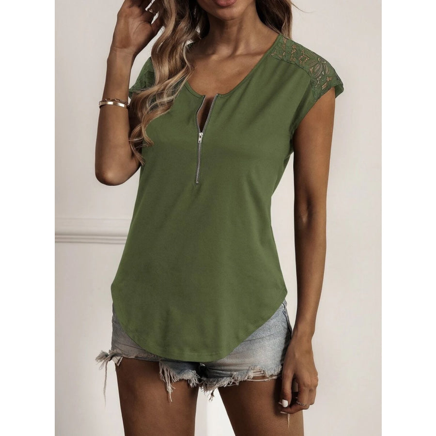 Lace Detail Half Zip Cap Sleeve T-Shirt Matcha Green / S Apparel and Accessories