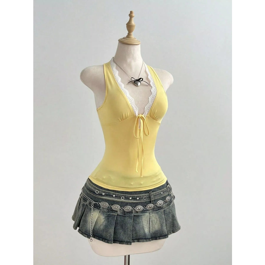 Lace Detail Halter Neck Cami Yellow / S Apparel and Accessories