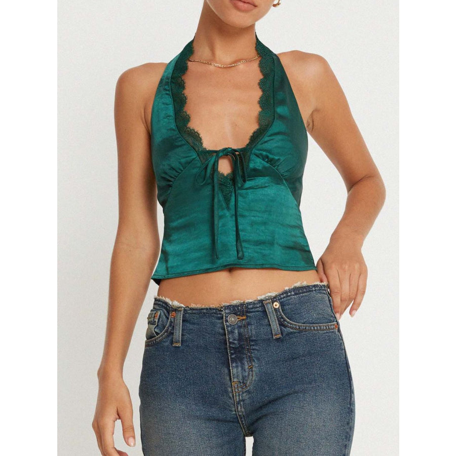 Lace Detail Halter Neck Tank Deep Teal / S Apparel and Accessories