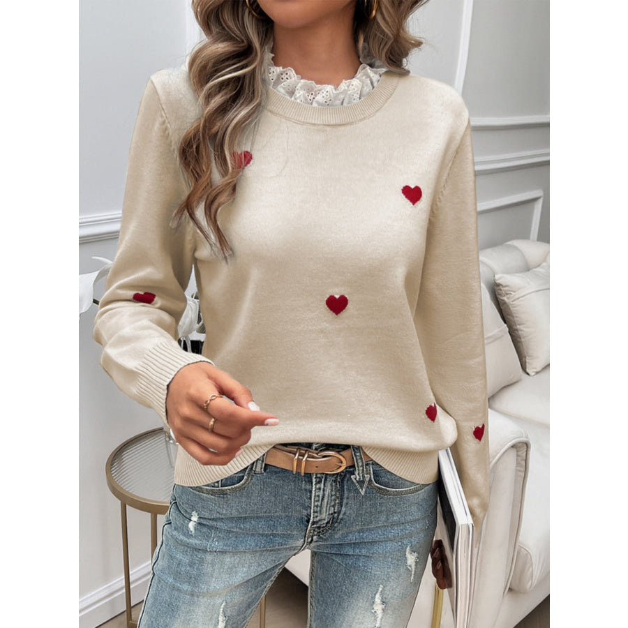 Lace Detail Heart Long Sleeve Sweater Apparel and Accessories