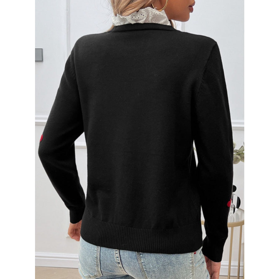 Lace Detail Heart Long Sleeve Sweater Black / S Apparel and Accessories